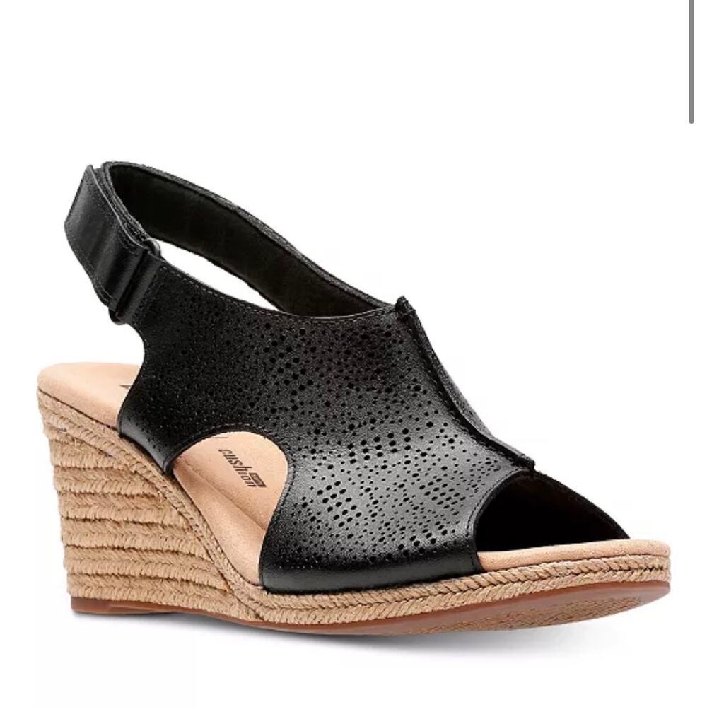Clarks Lafley Black Leather Wedge Sandals Comfort Slingback Open Toe WMNS 10M